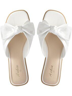 Women's White PU Leather Summer Comfortable Bow Flat Square Open Toe Sandals